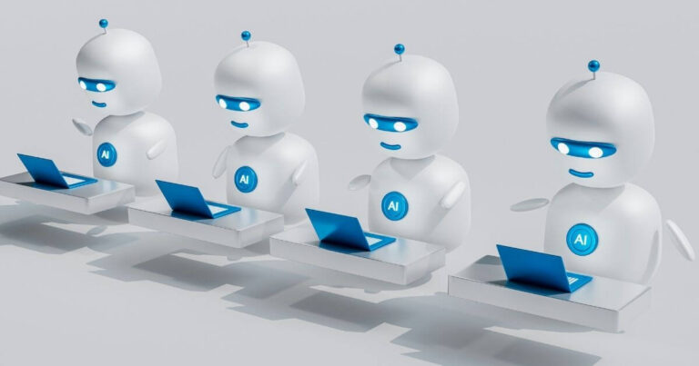 Conjunto de bots de inteligencia artificial sosteniendo laptops